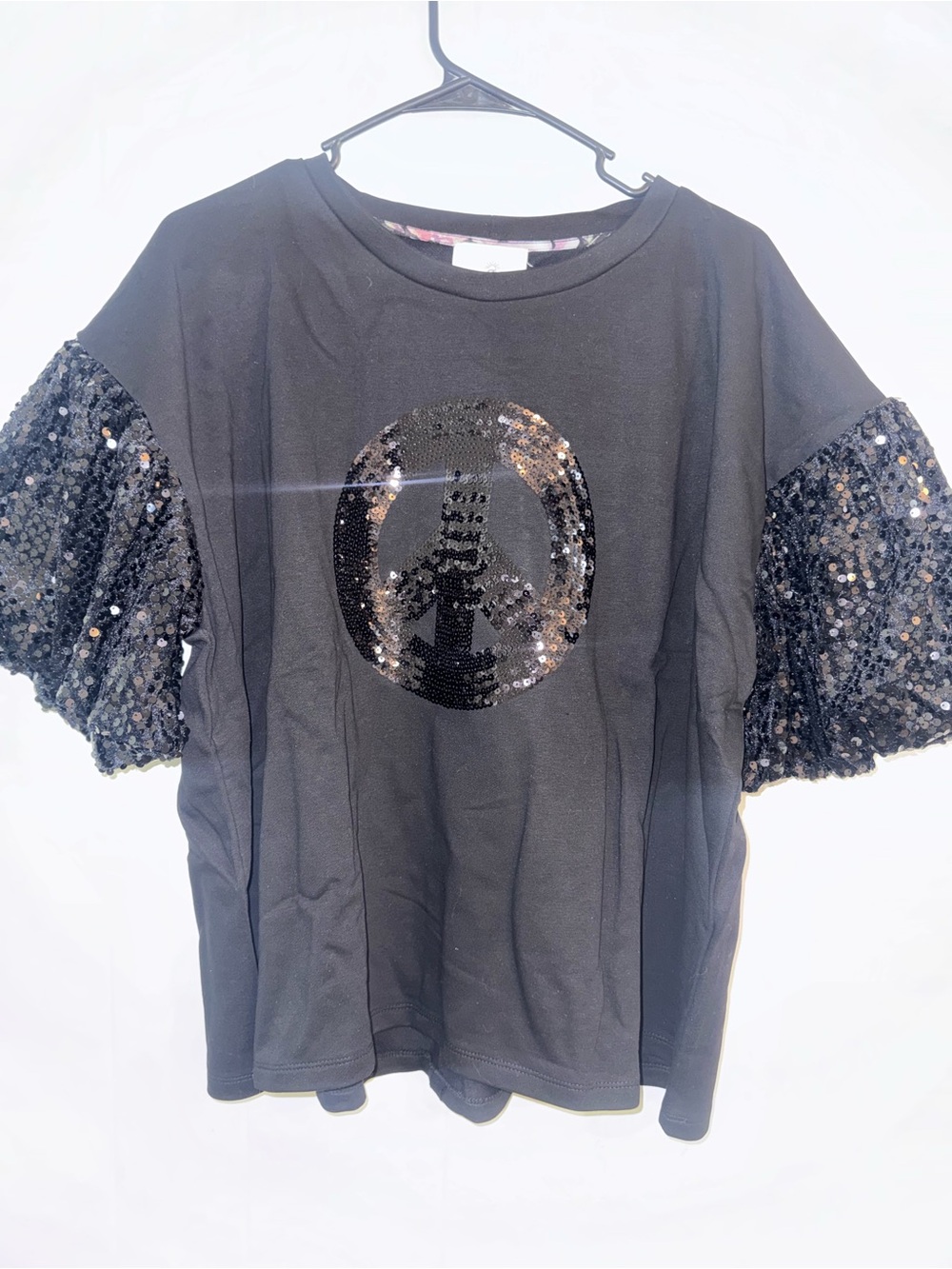 Umgee Black Sequin Peace Sign Top Size L Bell Sleeve Sparkle Boho Graphic NWT